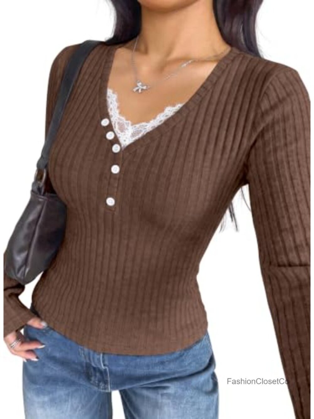 Women's V-Neck Long Sleeve Lace Trim Button Top Slim Fit Knit Pullover Shirt